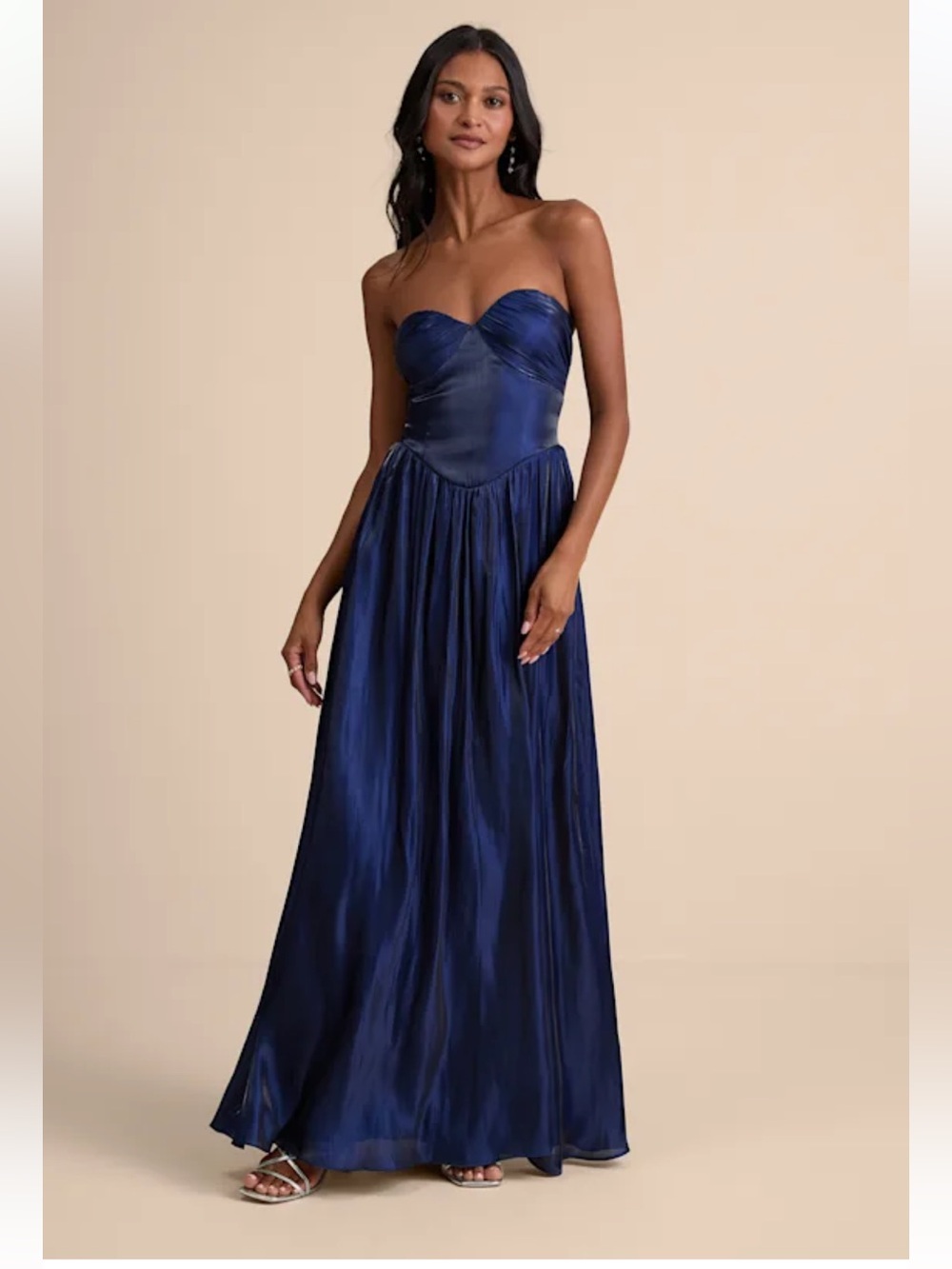 NWT Lulus Kylin Navy Satin Basque Waist Maxi Dress